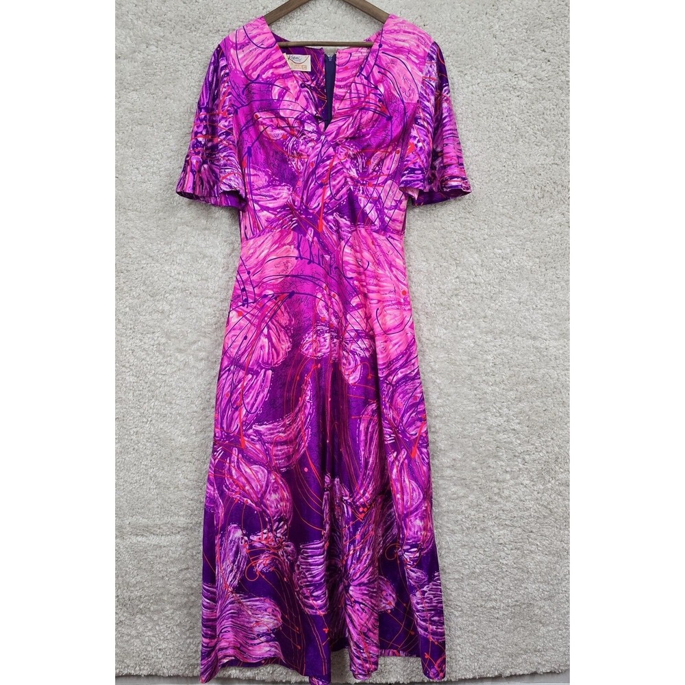 Vintage Liberty House Maxi Dress Womens Size 14 Purple Tropical Resort 60s 70s
